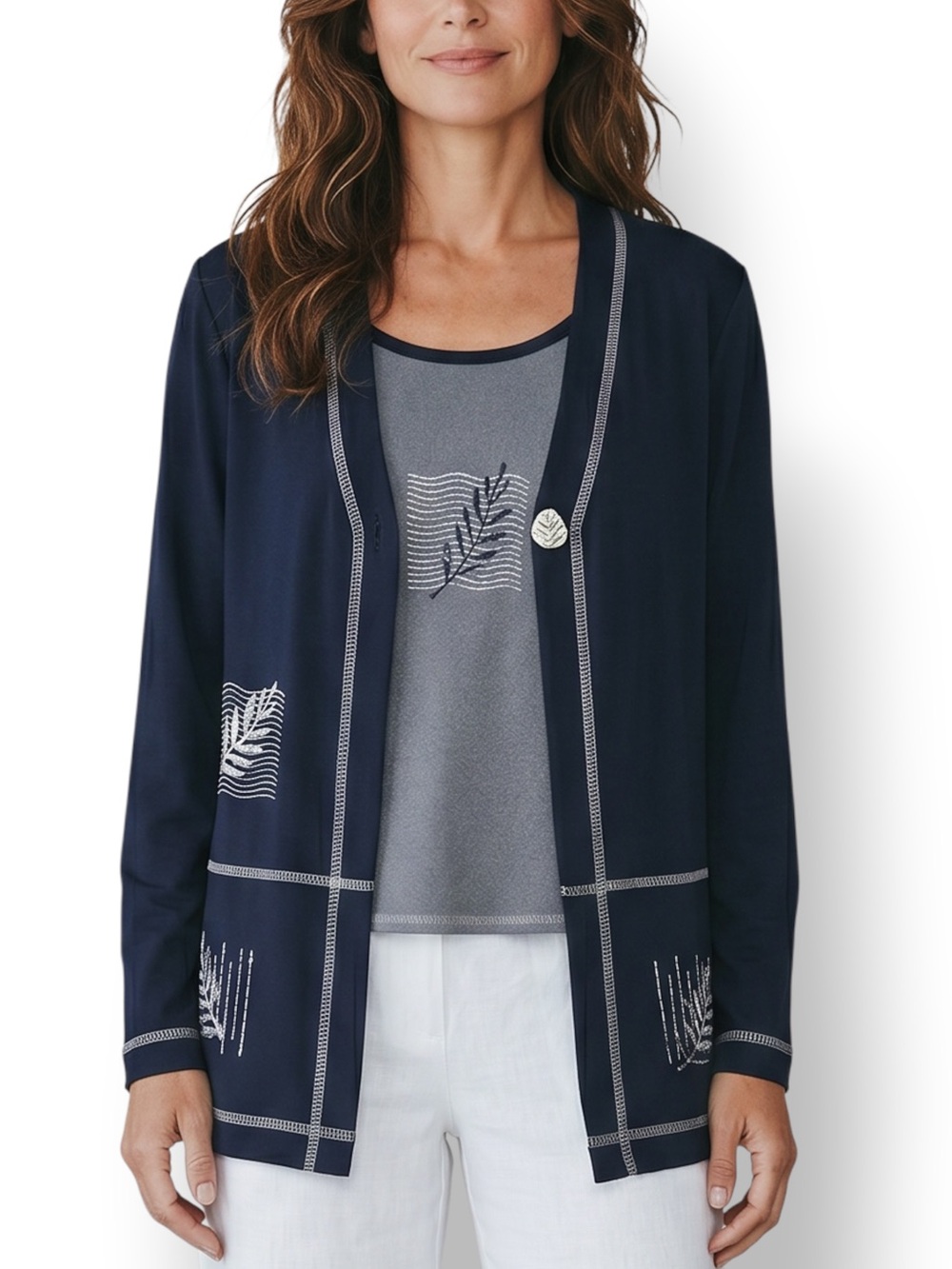 4/$20 Piccalino Petites Navy Embroidered Layered-Look Cardigan Top 10P